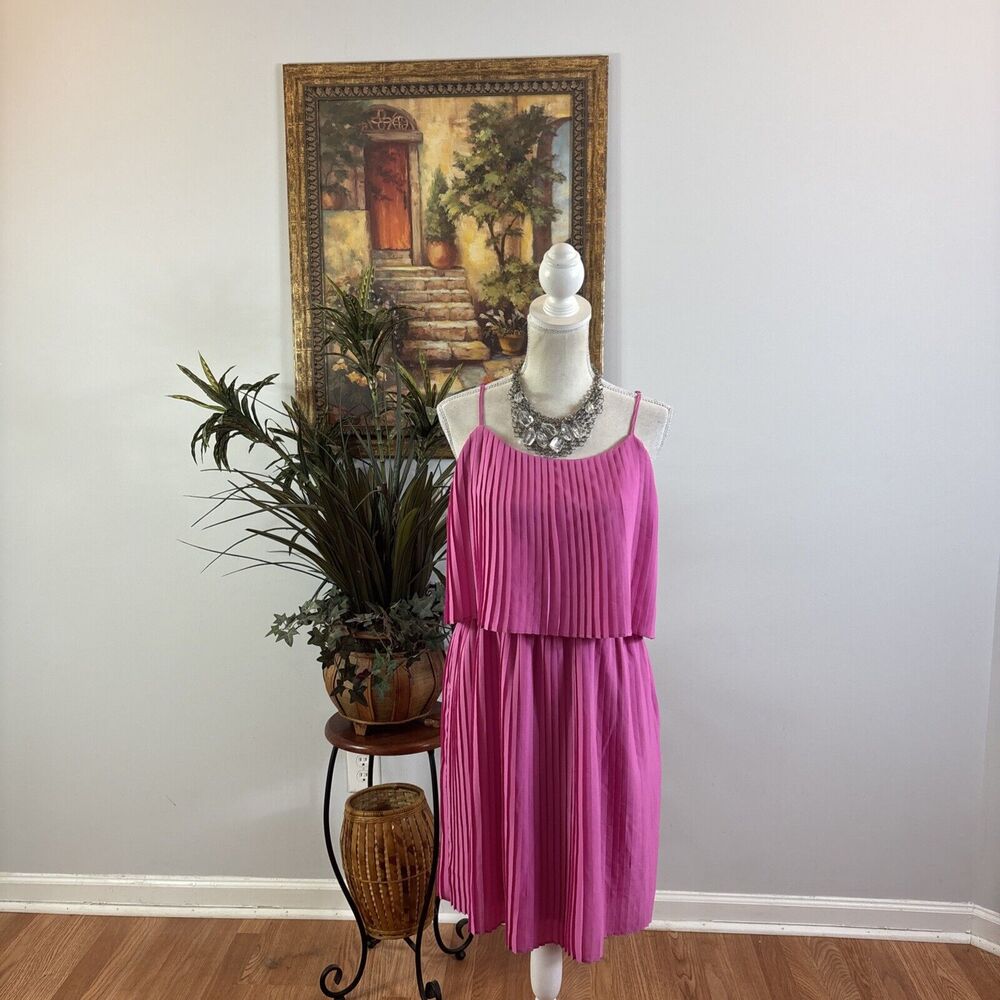 Merona Women Tank Dress Large Adjustable Strap Pink Lined Pleated Popover Tiered